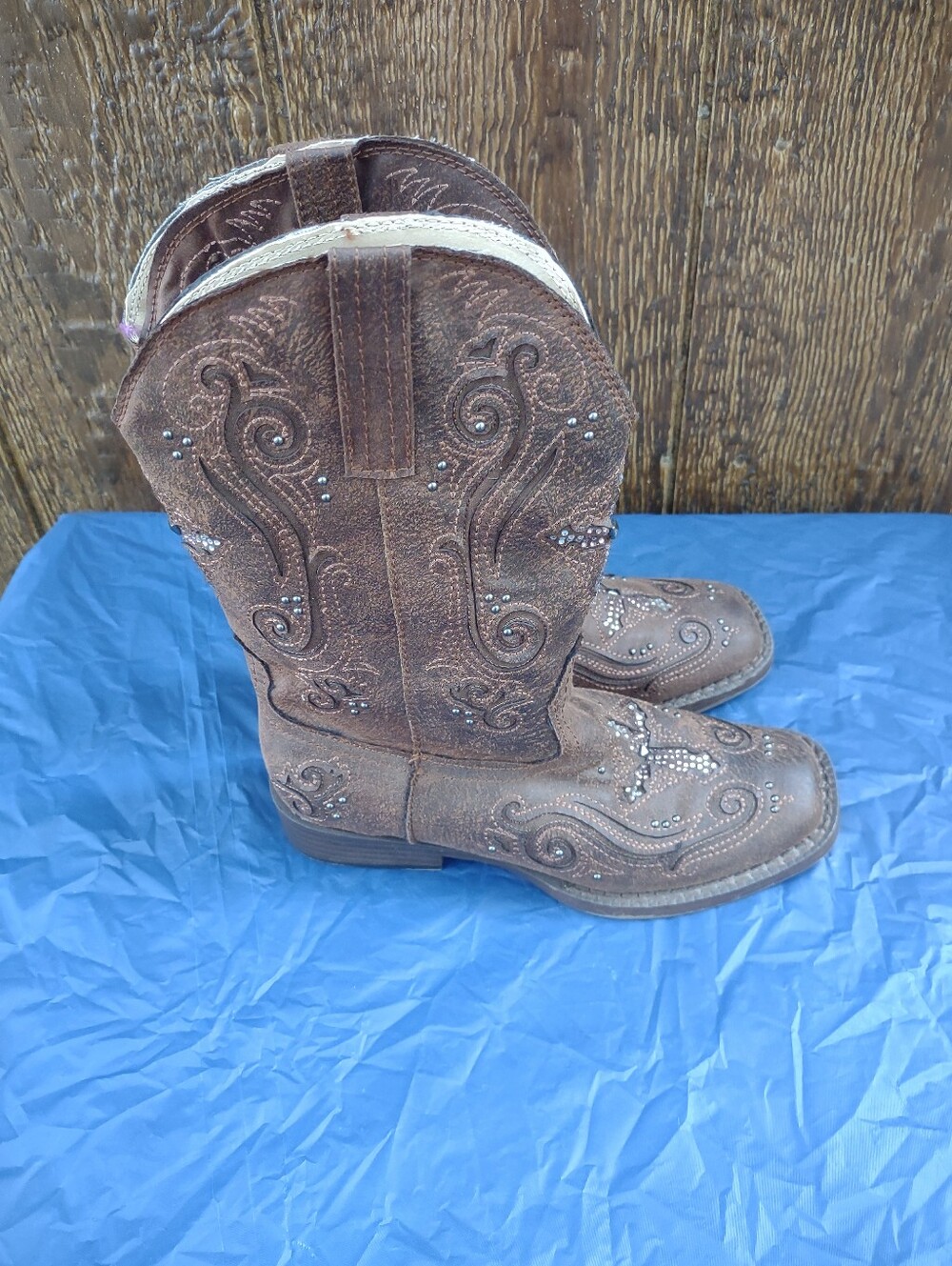 Roper Faith Leather Rhinestone Square Toe Cowboy Boots Kids Size 1